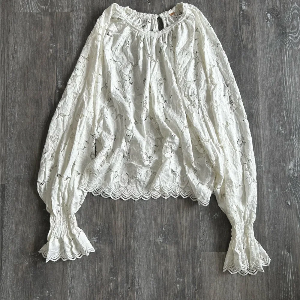 Free People Tea Time Cropped Balloon Sleeve White Top Size Medium